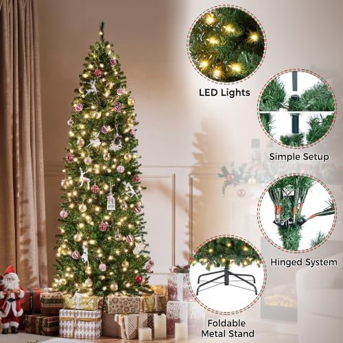 Yaheetech 6ft Pre-lit Artificial Christmas Tree Hinged Spruce Pencil Tree