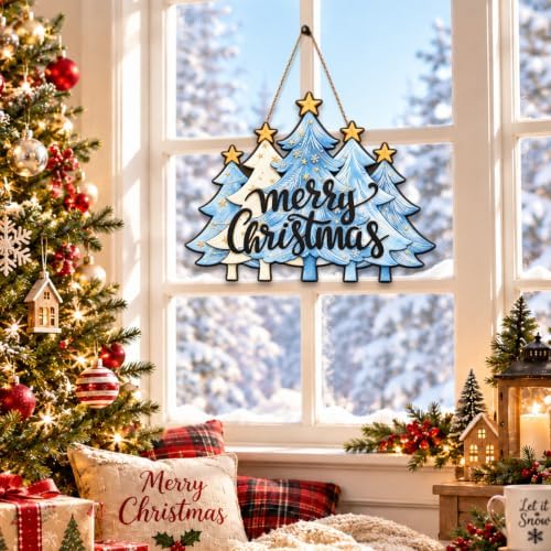 Christmas Decorations Blue White Christmas Tree Merry Christmas Wood Sign