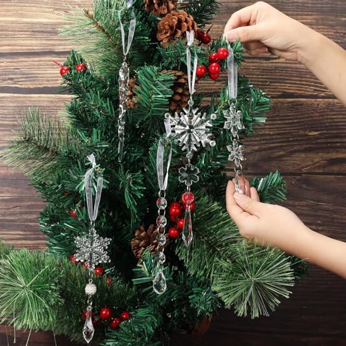 Syhood 100 Pcs Crystal Christmas Tree Ornaments, Snowflake Icicle Bead