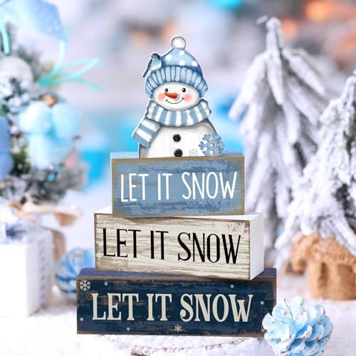 Lineshading 4 Pcs Wooden Snowman Table Decoration, Let It Snow Signs