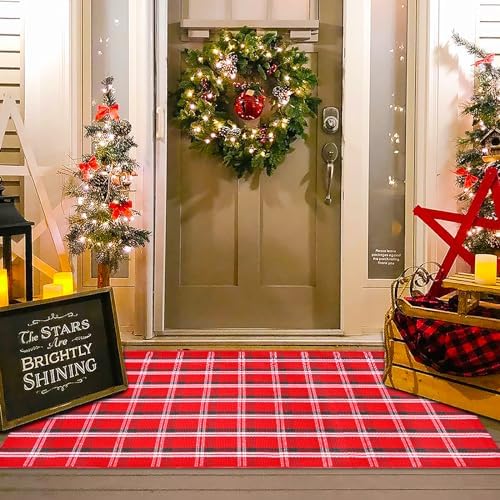 Christmas Red Green White Plaid Rug, 3' x 5' Cotton Hand-Woven Buffalo Check Layered Door Mat for Front Porch, Entryway, Outdoor Holiday Decor, Washable Farmhouse Rug for Home, Patio, Kitchen