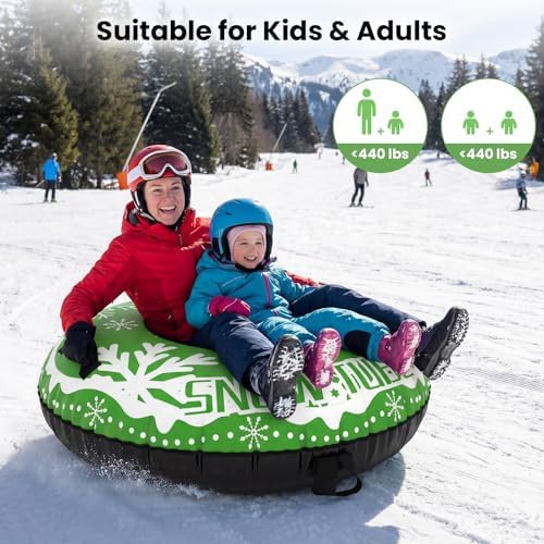 Goplus Inflatable Snow Tube, 42" Heavy-Duty Snow Sledding Tube with Detachable Tow Strap, Thickened Bottom, 3-in-1 Valve, Handles, Winter Outdoor Fun Toy for Kids & Adults, Christmas Birthday