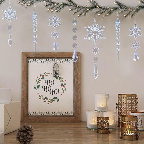 Crystal Christmas Tree Ornaments, Blue Acrylic Snowflake & Icicle, 18pcs