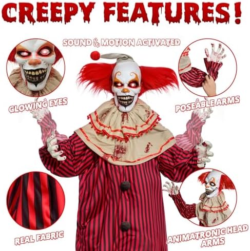 Presence 72" Halloween Decorations Outdoor - Standing Animatronic Clown with Red Light Up Eyes, Motion and Sound Activated Moving Arms and Head, Scary Clown Halloween Yard Patio House Decor