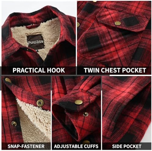 Men's Sherpa Cotton Flannel Shirt Jacket Plaid Button Coat Pocket