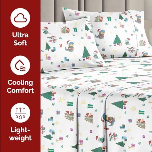 Christmas Sheet Set, Christmas Dinos, Holiday Xmas Bedding Set - Cal King