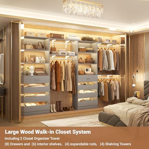 Aheaplus Closet System, Wood Closet Organizer System with 8 Drawers &4 Rods