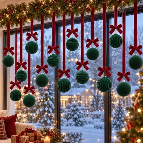 16 Sets Green Velvet Christmas Ball Ornaments with Bow Ribbon, 35" Long