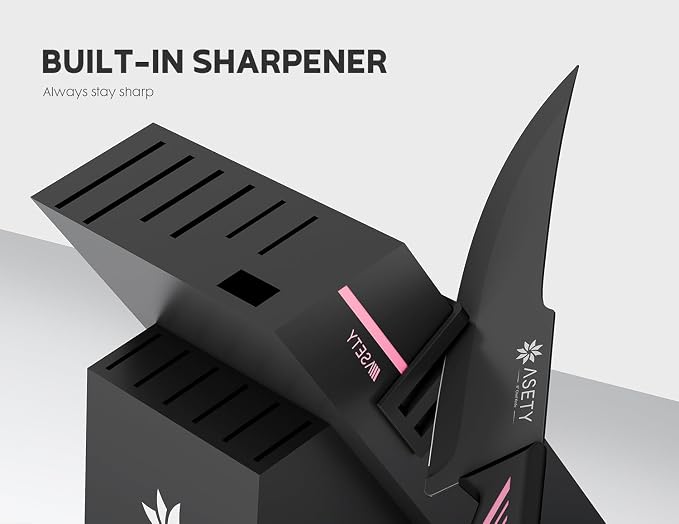 ASETY 15 PCS Knife Set with Block and Sharpener, Dishwasher Safe, Pink | Razor Sharp Kitchen Knives, Stainless Steel Knife Block Set, Ergonomic Non-Slip Handle, Elegant Box for Her Girls Women Wife