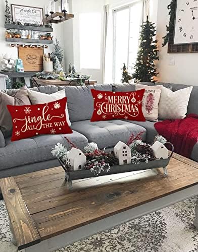 Allorry Merry Christmas Pillow Covers Set of 2 Cotton Linen Farmhouse Christmas Decorations Throw Pillow Cases Covers for Couch Bed Sofa 12x20 Inches