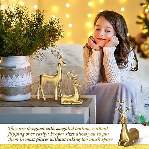 Thyle 4 Pcs Christmas Reindeer Decor Indoor Small Gold Resin Deer Figurine