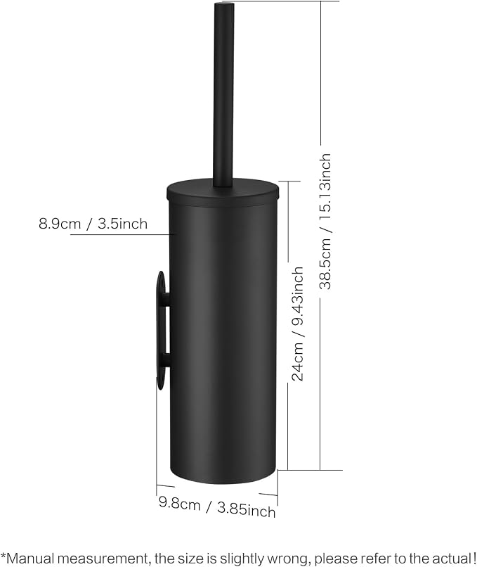 Toilet Bowl Brush and Holder, Black | 304 Stainless Steel, No-Punch Hook Base, Removable Inner Bucket, Splash Cover, Soft Bristles
