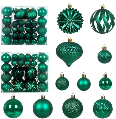 Christmas Tree Balls Ornaments Set, 48 Pcs Shatterproof Plastic Decorative Baubles Shiny Hanging Ball Ornaments for Xmas Tree Holiday Party Wedding Decoration, Emerald Green