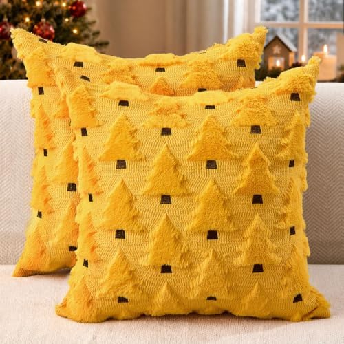Allorry Christmas Pillow Covers 18x18 inch Set of 2 Yellow Christmas Decorations Soft Plush Faux Fur Wool Christmas Tree Throw Pillow Cases Winter Holiday Decor for Sofa Living Room PT002G18
