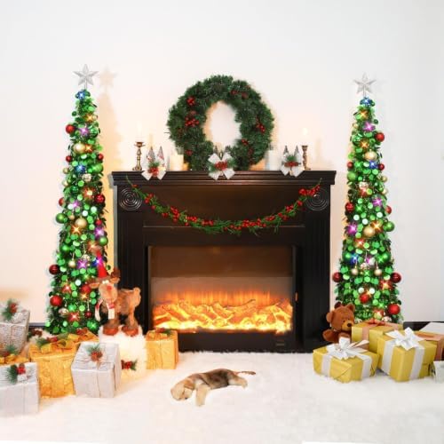 N&T NIETING Pop Up Christmas Tree with Lights & 30 Balls, 5Ft Collapsible Green Tinsel Christmas Tree Decoration for Holiday Xmas Home Office Decor