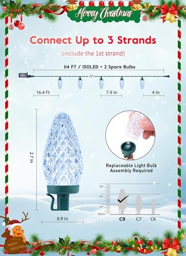 C9 Christmas Lights Outdoor, 114FT 150 LED C9 String Lights, Pure White