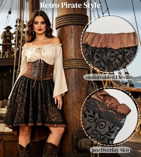 Verceco Pirate Costume Women Outfit with Renaissance Pirate Shirt Skirt Corset Waist Belt Womens Halloween Pirate Costumes (Beige+Coffe Black, S)