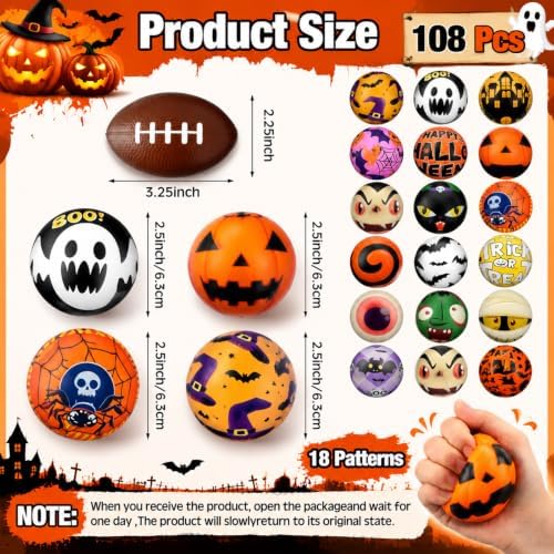 Meooeck 108 Pcs 2.5'' Halloween Mini Sensory Fidget Balls, Foam Relief Toys