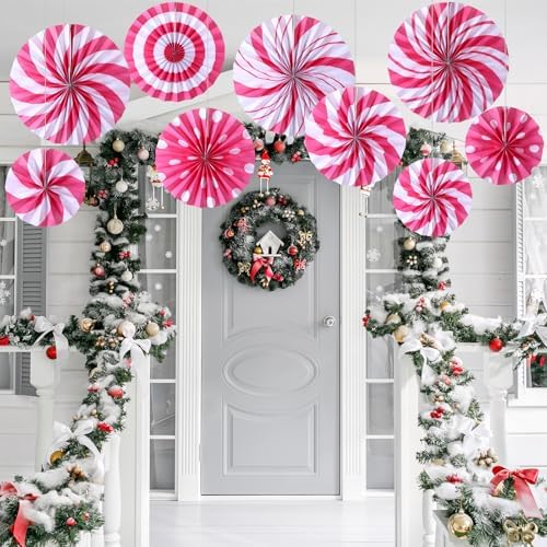 Outus 9 Pcs Christmas Hanging Decorations Peppermint Paper Fans Pink