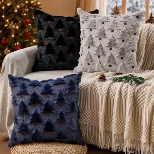Allorry Christmas Pillow Covers 16x16 inch Set of 2 Grey Christmas Decorations Soft Plush Faux Fur Wool Christmas Tree Throw Pillow Cases Winter Holiday Decor for Sofa Living Room PT002I16