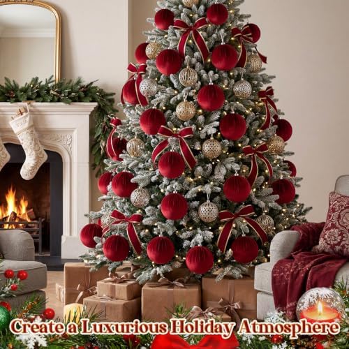 Weysat 6 PCS 8" Extra Large Velvet Christmas Ball Ornaments, Burgundy