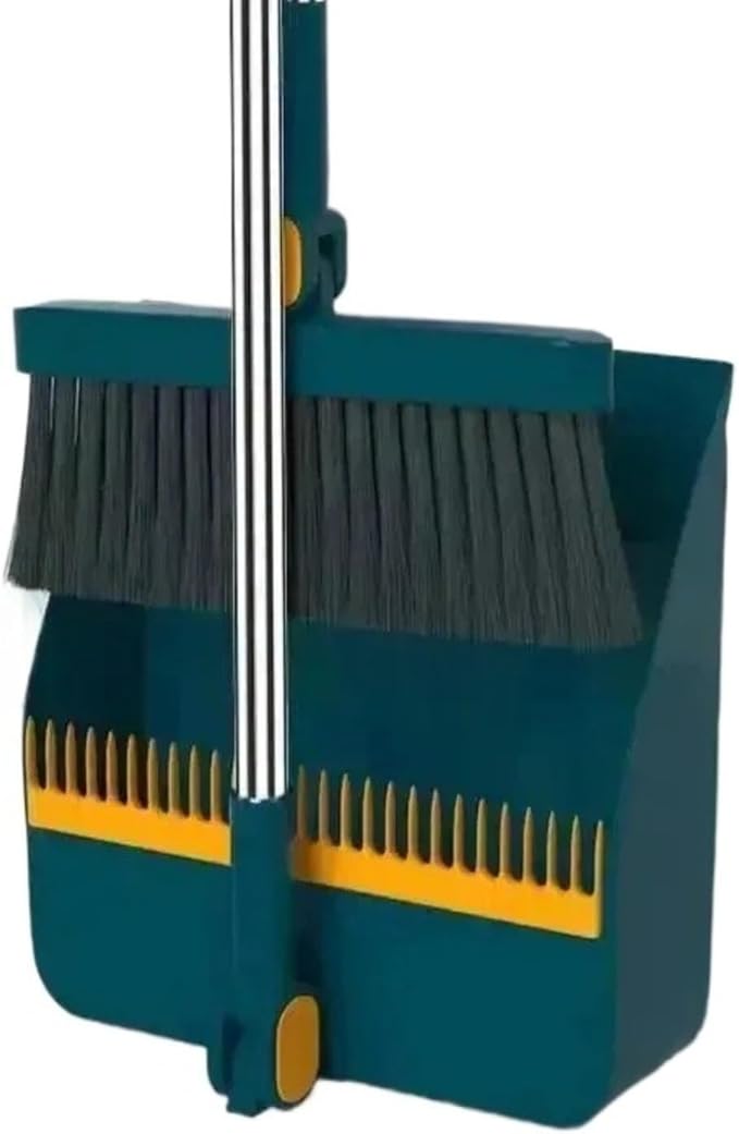 Foldable Broom and Dustpan Set, Compact Wall Mountable with Extra Stiff Bristles for Easy Storage & Cleaning (Green)