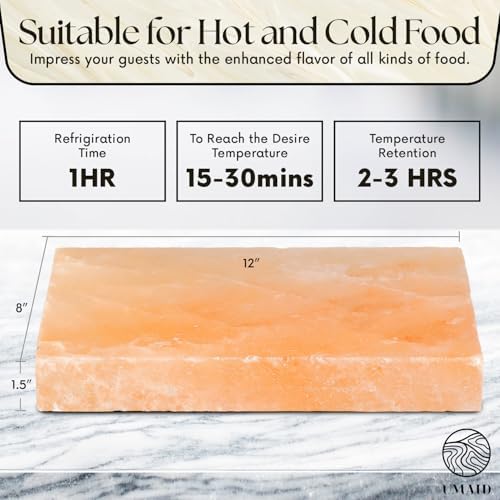 UMAID Himalayan Salt Block Cooking Plate 12x8x1.5 – Food Grade Pink Himalayan Salt Stone for Cooking, Grilling, Serving & Food Presentation – Includes Stainless Steel Tray & Recipe Booklet – Unique Gifts for Men & Women