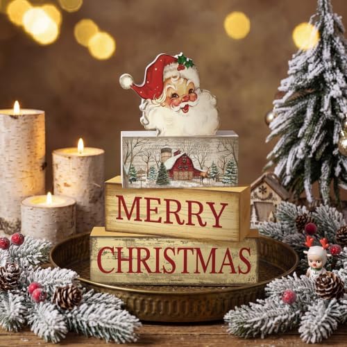 Lineshading 4 Pcs Vintage Christmas Table Decoration Wooden Santa Claus Decor Merry Christmas Tiered Tray Decor Decorative Santa Claus Block Sign Gift Farmhouse Xmas Table Centerpiece for Home Kitchen