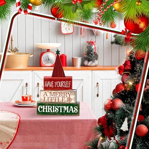 Moucuny 4 Pcs Christmas Table Decor, Wooden Red Merry Christmas Tree Signs