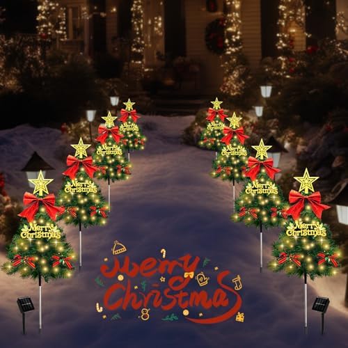 Christmas Tree Solar Pathway Lights Outdoor Decor, 8 Pack, Green