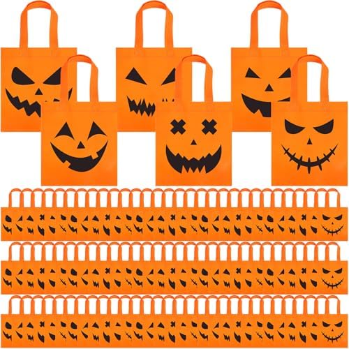 Sweetude 120 Pcs Pumpkin Tote Bags with Handle Bulk Halloween Trick Treat
