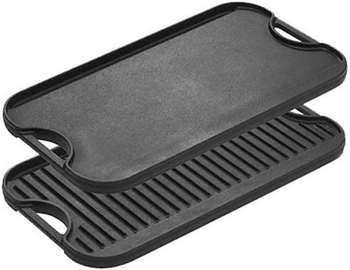 Lodge LPGI3 Cast Iron Reversible Grill/Griddle, 20-inch x 10.44-inch, Black & Cuisinart CGPR-221 Cast Iron Grill Press (Wood Handle), Weighs 2.1-pounds