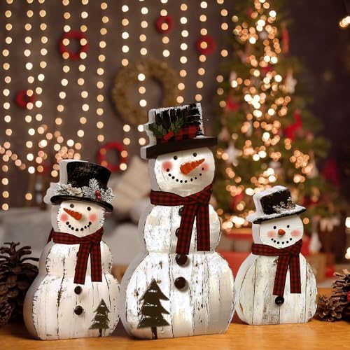 Barydat 3 Pcs Large Snowman Christmas Decoration Rustic Wooden Indoor Decor