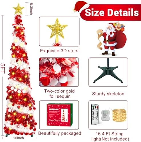 HISFFOG 5FT Pop Up Christmas Tree with 8 Rmote Lights Modes - Dual Color Sequin Tinsel Christmas Tree, Collapsible Artificial Pencil Christmas Trees Decorations for Home, Apartment, Office, Party