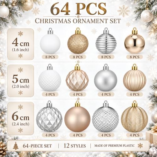 Lunmon 64 Pcs Christmas Ball Ornament Gold Silver White 1.57/1.97/2.36 Inch