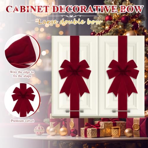 Daifunli 9 Pcs Burgundy Velvet Christmas Cabinet Bows Ribbons for Kitchen