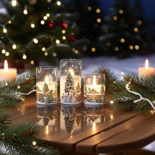 Snowman House Glass Flameless Candle Battery Operated Remote Timer