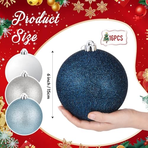 Poen 12 Pcs 6 Inch Large Glitter Christmas Ball Ornament, Navy Blue Silver