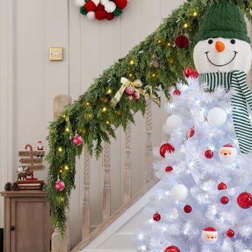 2Pcs 9FT Christmas Garland with Lights, Real Touch Cedar Garland
