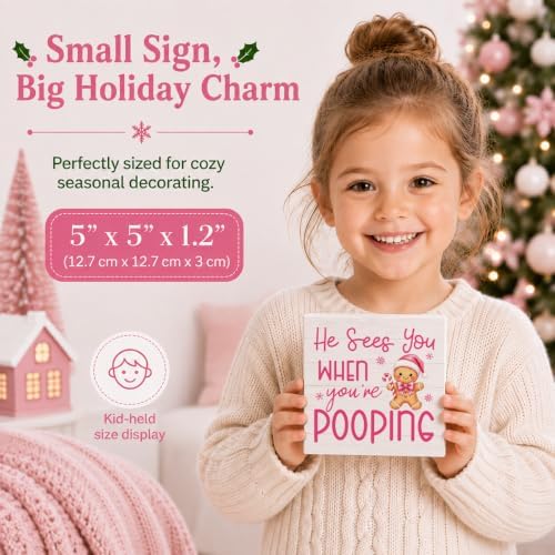 Pink Christmas Bathroom Decor Funny Gingerbread Christmas Wooden Box Sign