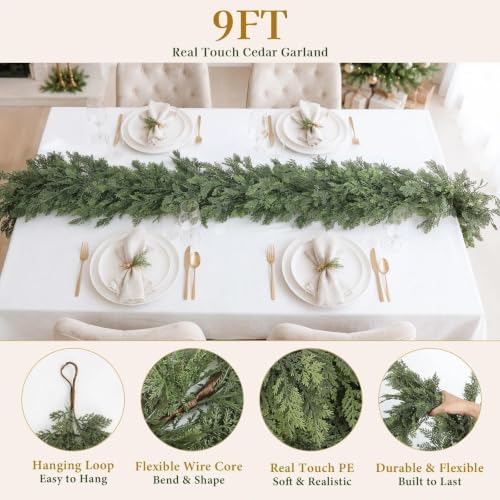 Christmas Garland 9FT Decorations Real Touch Cedar Cypress Pine Greenery Artificial Green Christmas Garland for Mantle, Fireplace, Table, Stairs, Door, Porch, Indoor Outdoor Decorations, 4Pcs