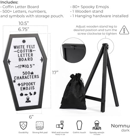 Nomnu Coffin Letter Board, White Goth Decor w/Bat Stickers, Spooky Emojis