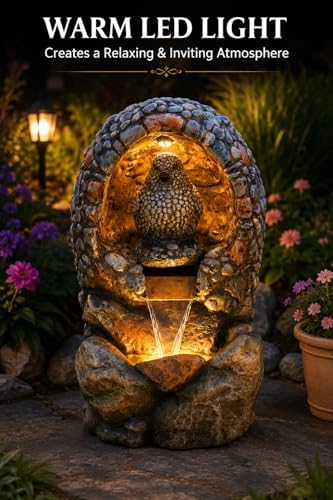 EROMMY Water Fountain for Outdoor with LED Lights, 31.9" Tall Bird Nest Waterfall Fountain, Resin Garden Fountain with 25W Pump, Freestanding Water Feature for Patio, Backyard, Porch & Lawn