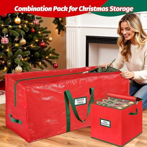 StorageRight Christmas Tree Bag & Ornament Storage Box Set, Water-Resistant 7.5 Ft Tree Storage & 64-Compartment Organizer with Dividers, Tag Pockets & Handles, Heavy-Duty Xmas Decor Containers, Red