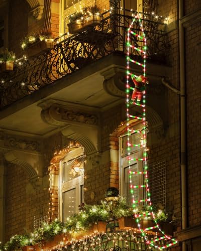 Toodour LED Christmas Lights - 10ft Christmas Decorative Ladder Lights with Santa Claus, Xmas Decorations Light for Indoor Outdoor, Window, Garden, Home, Wall, Xmas Tree Decor - Red White & Green
