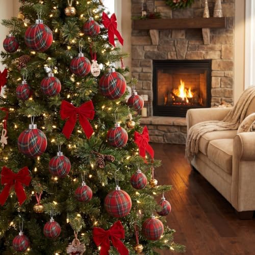 36 Pcs Christmas Tartan Plaid Ball Ornaments, Large Size, Red