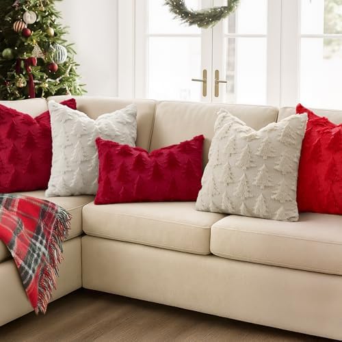 MIULEE Christmas Throw Pillow Covers Burgundy Red Christmas Decorations Set of 2 Xmas Tree 26x26 Pillow Covers Soft Plush Faux Wool Pillowcases Holiday Festivals Winter Home Decor Sofa Couch Bed Porch
