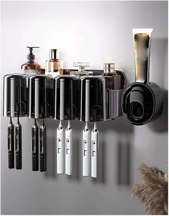 Toothbrush Rack Toothbrush Rack Free Punching Mouthwash Cup Toothbrush Cup Hanging Wall Bathroom Wall-Mounted Shelf Family Set Bathroom Toothbrush Holder(Four Persons)