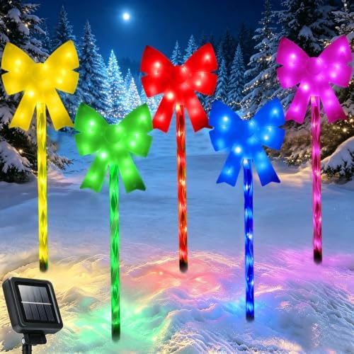 Outdoor Christmas Decorations Solar Pathway Lights, Set of 5 Colorful Bow Candy Stake Lights, Waterproof Solar Christmas Lights for Holiday Display Yard Garden Lawn Winter Party Xmas Decor