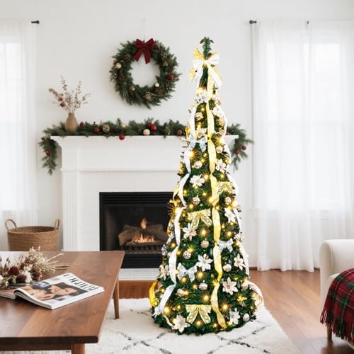 VINGLI 7ft Pop up Artificial Christmas Pine Tree with 150 Warm White Lights, Xmas Tree Holiday Party Decorations with Sturdy Metal Stand (Gold&Silver)